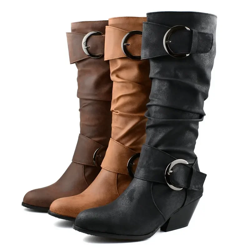 

Women Boots Fashion Autumn PU Leather Boots Botas Female Stretch Black Roma Knee-Length Shoes Plus Size 34-48