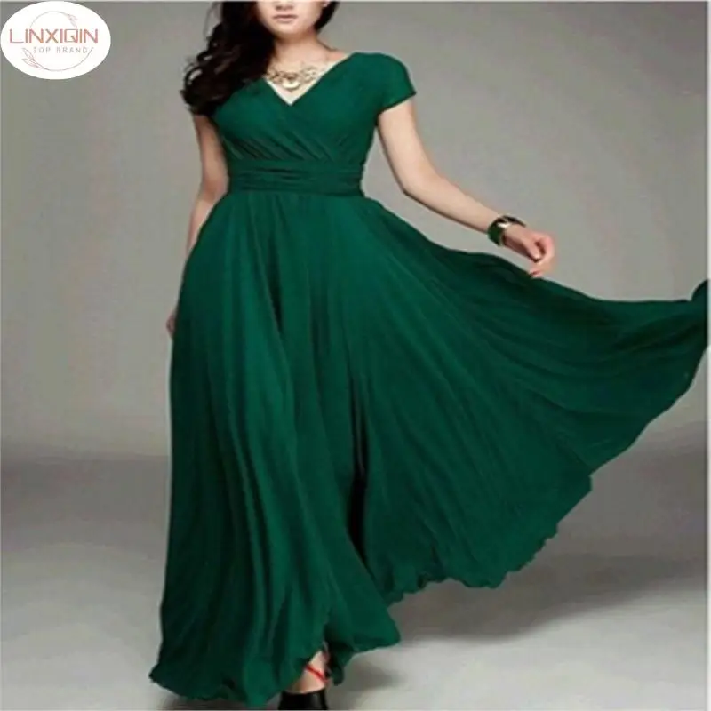 

2024 Xxxxxl Sexy Women 'S Fashion Loose Slim V Neck Floor Length Dress Boho Beach Long Slash Dresses Vestidos De Festa