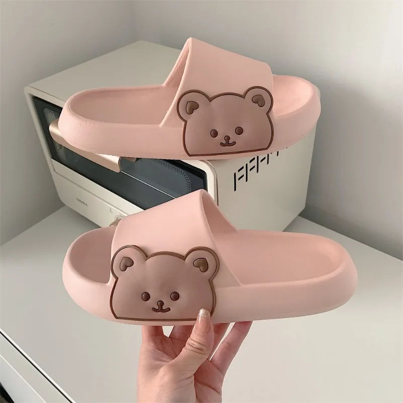 2024 Summer Women's Slippers Beach Home Cartoon Bear Character Slippers Unisex Thick Sole Indoor Bathroom Anti Slip Shoes Couple