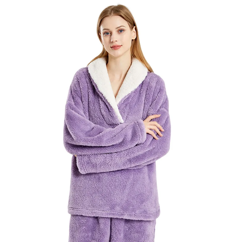 Winter Women's Thickened Shu Velveteen Pajamas Set Ladies Lapel Long Sleeve Pullover Pants Loose Casual Warm Fleece Loungewear