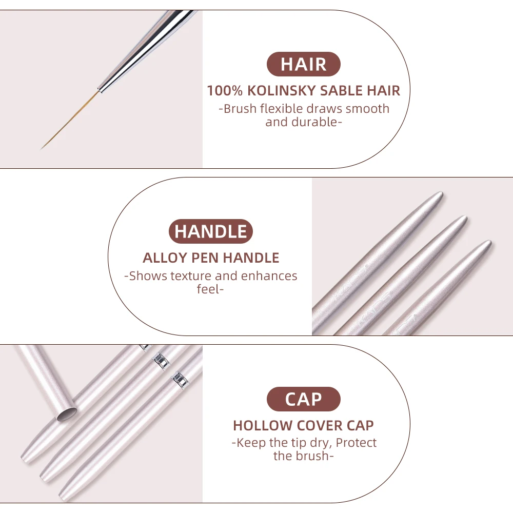KADS 3pcs 100 Natural Kolinsky French Nail Art Liner Brushes 8/15/20mm Gel Polish Nail Art Tools Design Painting Drawing Liners 6
