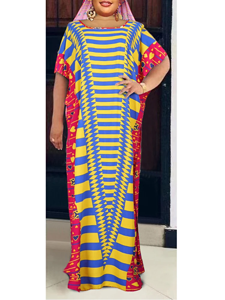 

Woman Long Printed Dress Casual Square Collar Short Betwing Sleeve with Kerchief Rose Black Daily Going Out African Female Robe