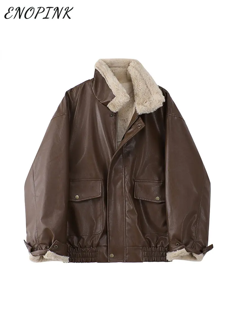 

Winter Women's Fur Leather Jacket Long Sleeved Loose Warm Lamb Wool Vintage Thickened Locomotive Lapel Female PU Motorcycle Coat