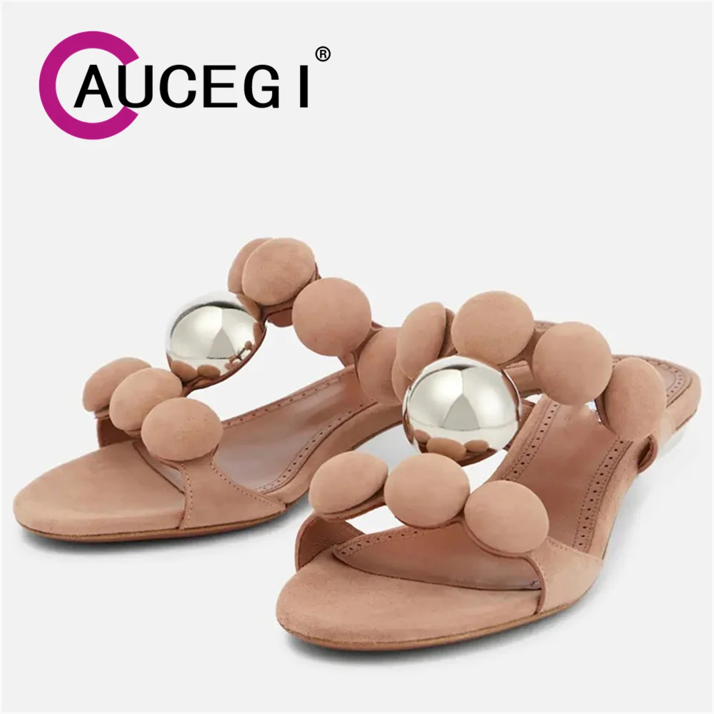 

Aucegi 2024 Новые однотонные босоножки на высоком каблуке шлепанцы Роскошные брендовые замшевые женские свадебные удобные туфли с открытым носком и жемчугом