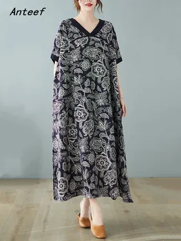 Anteef فساتين قصيرة الأكمام المعتاد القطن الكتان خمر الأزهار للنساء فستان فضفاض طويل الصيف ملابس أنيقة 2023 2