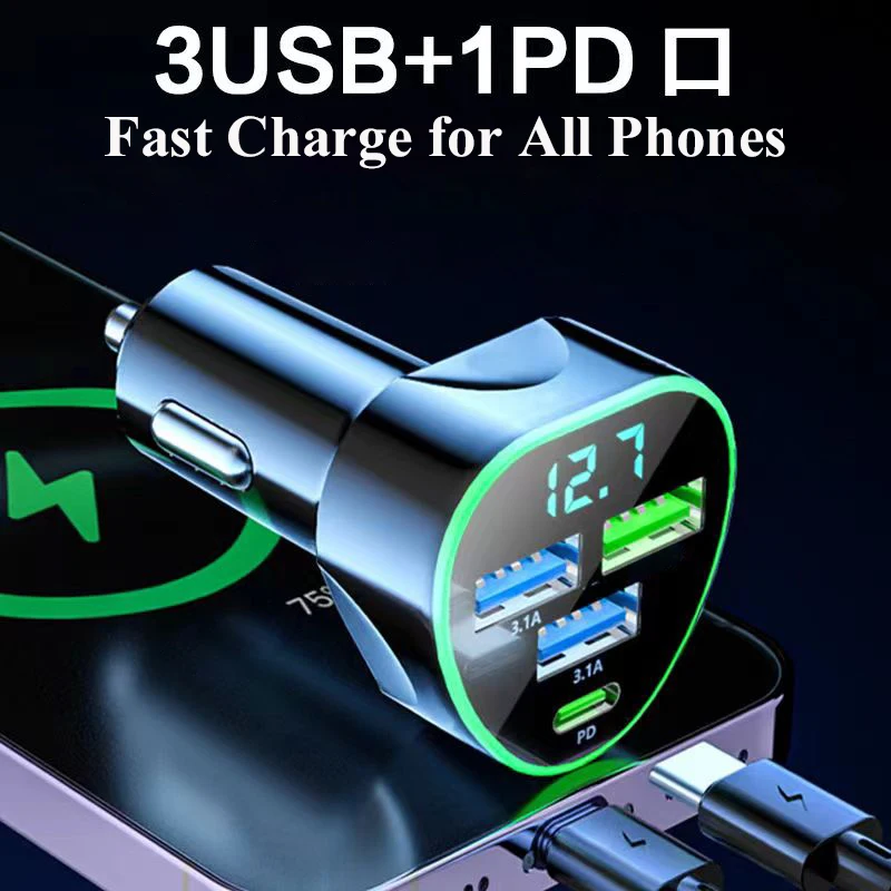 Caricabatteria per telefono da auto USB tipo C ricarica super veloce in auto con monitor di tensione a LED per iPhone Samsung Huawei Oneplus Vivo Oppo - Image 3