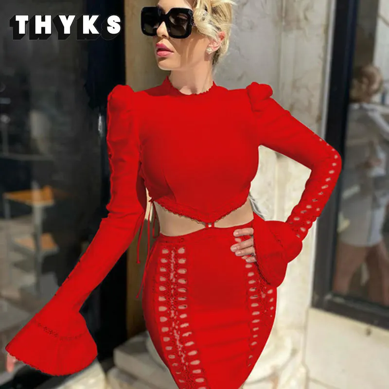 

Women's Hip Wrap Dress Autumn Winter New Solid O-Neck Flare Sleeve Knit Set Fashion Sexy Bubble Sleeve Hollow Lace Short Skirt