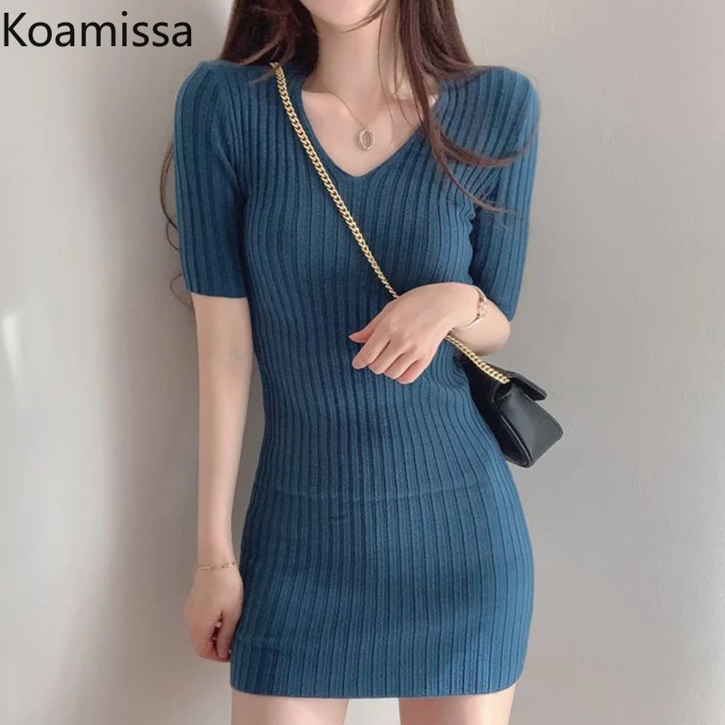 Koamissa Women Solid Bodycon Knit Mini Short Dress Short Sleeves V Neck Fashion Lady Chic Korean Dresses Summer Spring Vestidos