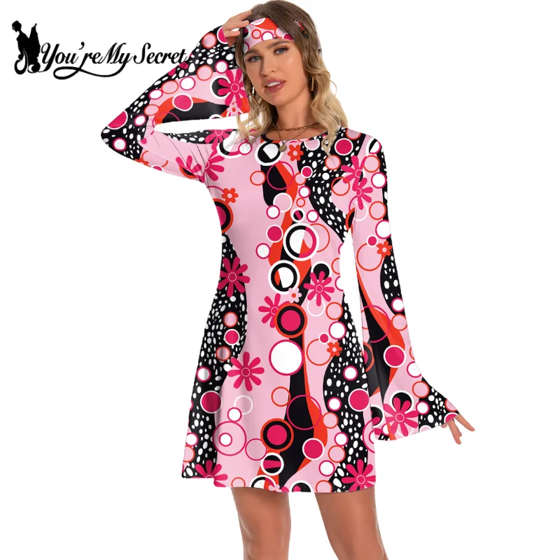 [You're My Secret] Women 70s Floral Printed Disco Dress Hippie Clothes Accessories Halloween Dance Costumes Holiday Clothes 5