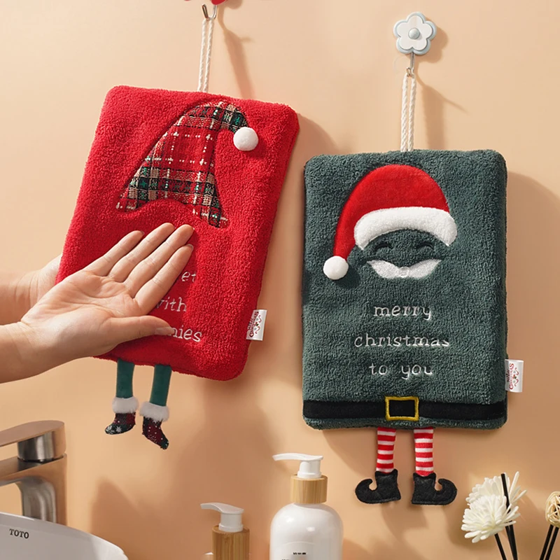 Christmas Hand Towel Cute Santa Claus Shape Hanging Hand Towels Absorbent Coral Velvet Handkerchief Xmas Bathroom Decor