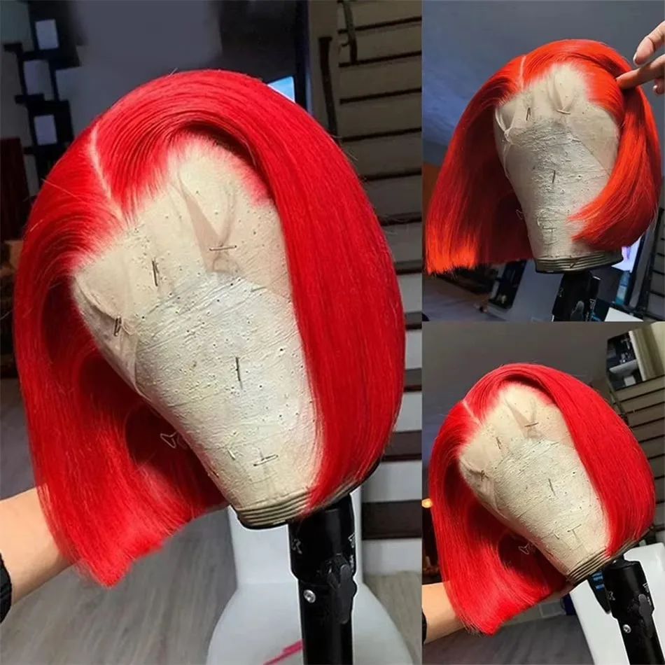 Double Drawn Red Straight Short Bob Wigs Human Hair For Women 13x4 Lace Front Wig Pre Plucked Red Bob Wigs 10 12 14 Inches
