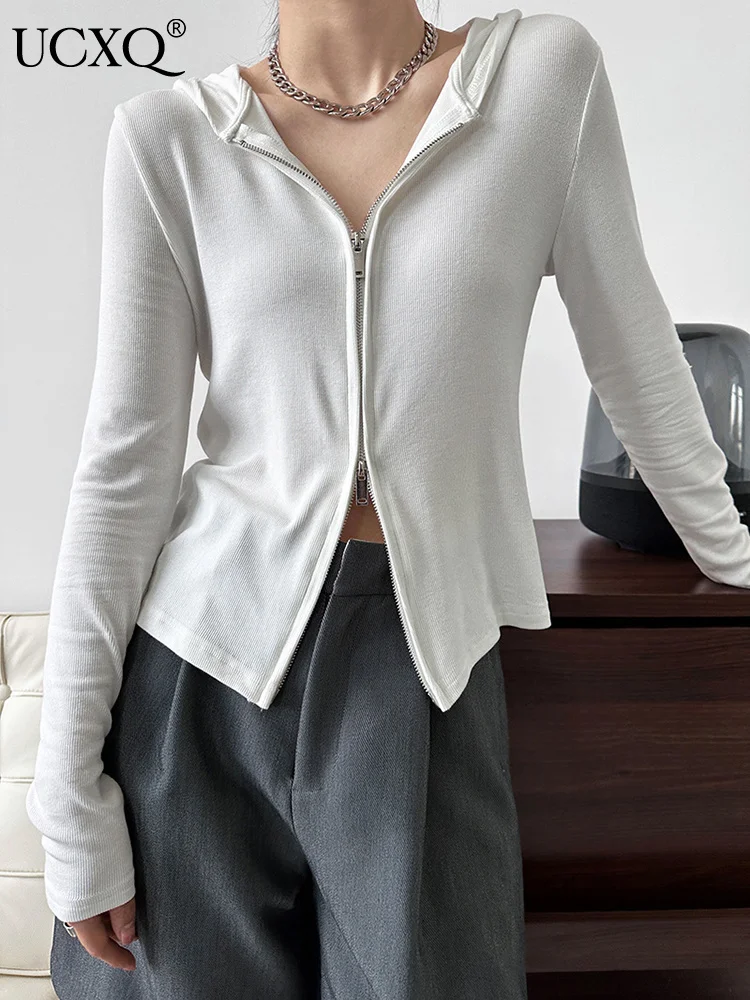

UCXQ Elegant Solid Double Zippers Hooded Slim Sweater Top Women Minimalist Fashion Knittingwear 2023 Spring New Tide 23A259