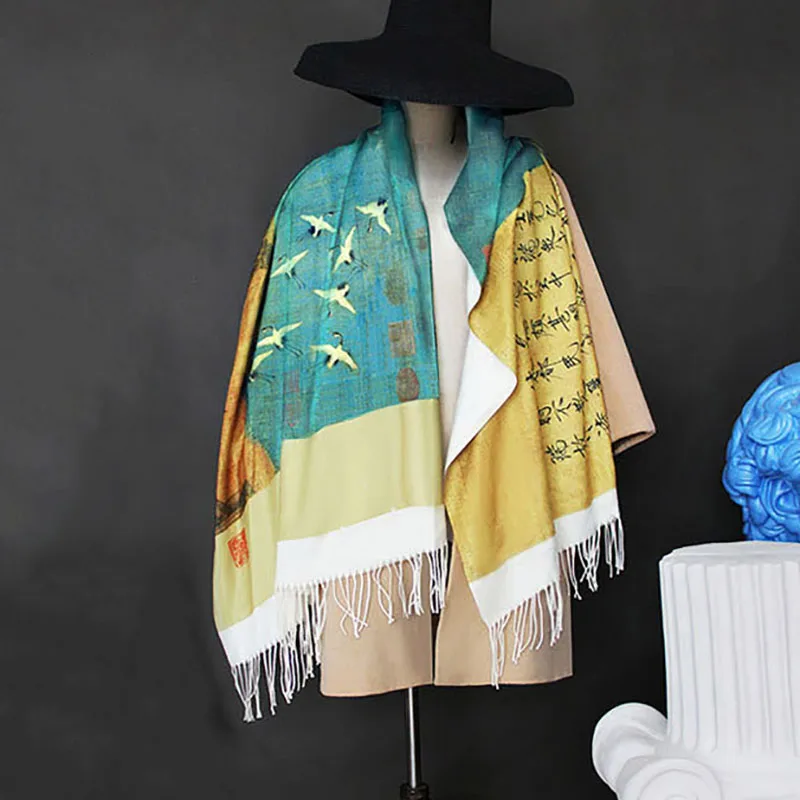 

Chinese Wash Painting Scarf National lucky Crane Surf Print Pashmina Vintage Cashmere Spring Autumn Unisex Cappa Shawl 2023
