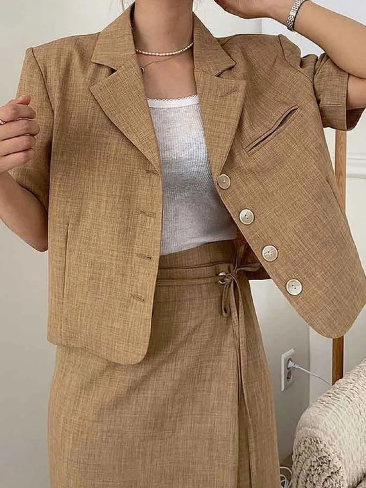 Women's Spring Summer Blazer Matching Sets Single Breasted Jacket Top with Lacing Up Long Pencil Skirts Suits images - 6