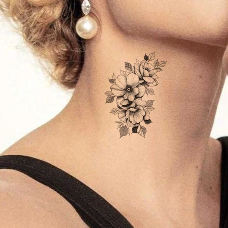 

Waterproof Temporary Tattoo Sticker Black Sketch Flower Leaves Fake Tattoos Flash Tatoo Chest Neck Legs Body Art for Women Men