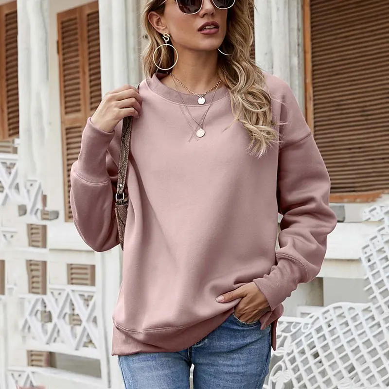 2022 Autumn Hem Slit Fleece Round Neck Sweater Women Winter Warm Fleece Sweater Women Long-sleeved Thick Loose Sweater Women