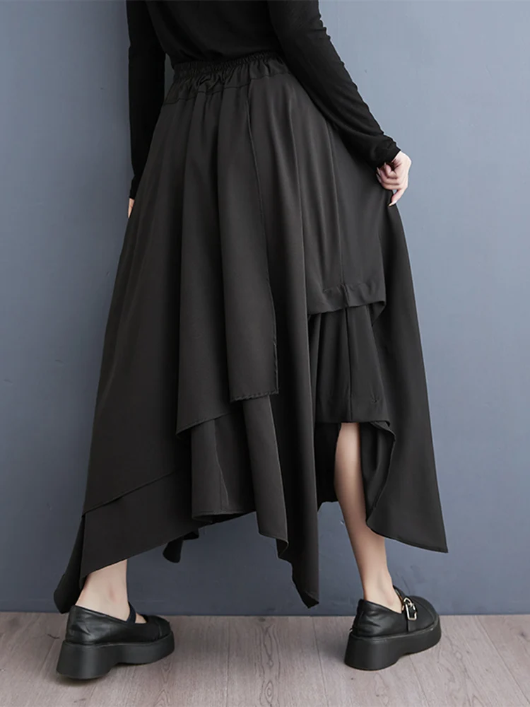 Black Vintage High Waist Asymmetrical Skirt Women New Korean Loose Casual Midi Skirts Fashion Elegant Clothes Summer Autumn 2025