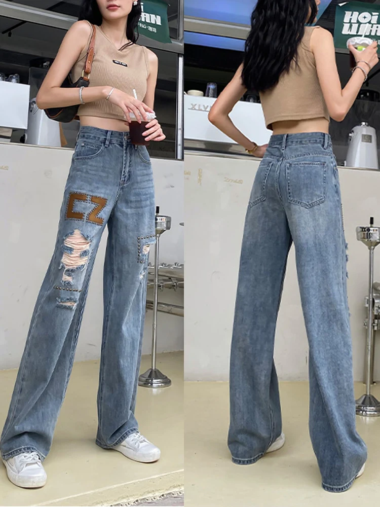 2023 New Hole Fashion Wide Leg Pants Jeans CZ willow nail design drape loose straight mopping Cut Out Denim Trouser