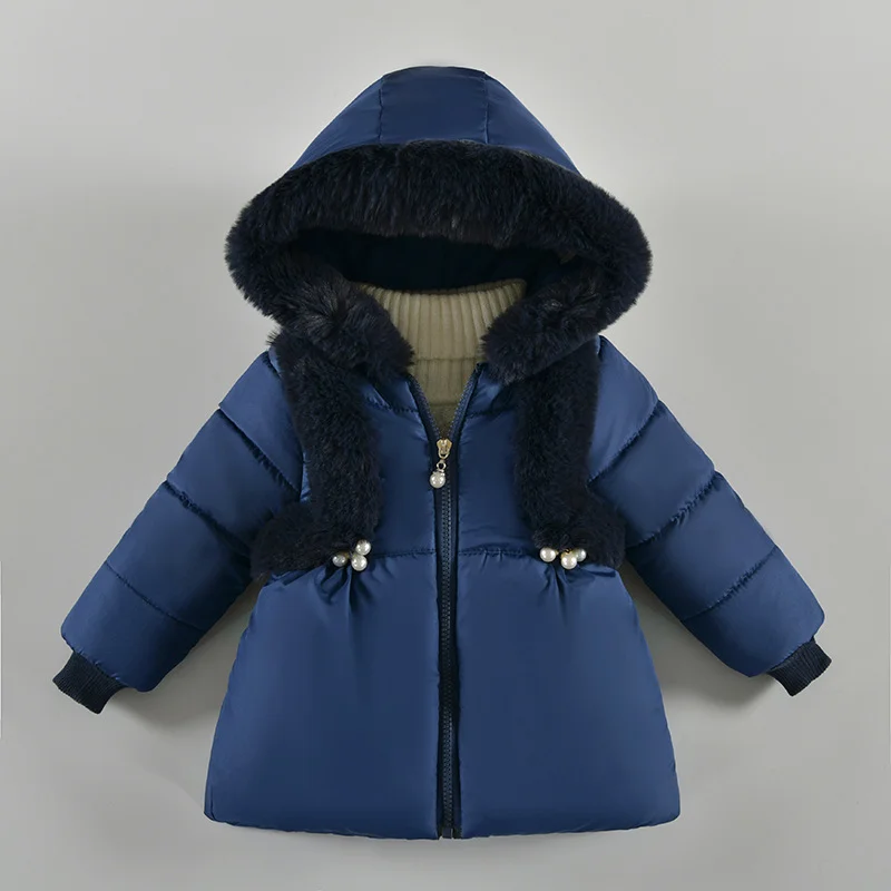 

Winter Girls Jacket New Autumn Fur Collar Keep Warm Little Princess Coat Hooded Zipper Baby Outerwear 2 3 4 Years Kids Clothes