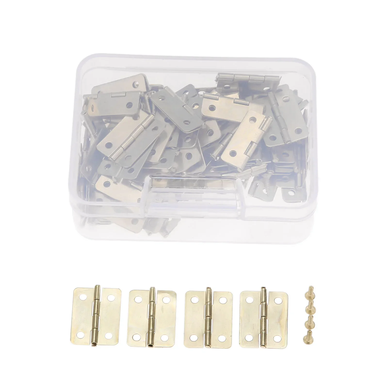 100pcs 경첩 + 400 나사 철 황금 4 구멍 23*19mm 캐비닛 둥근 접이식 경첩 미니 가구 나무 상자 하드웨어 + 보관 케이스