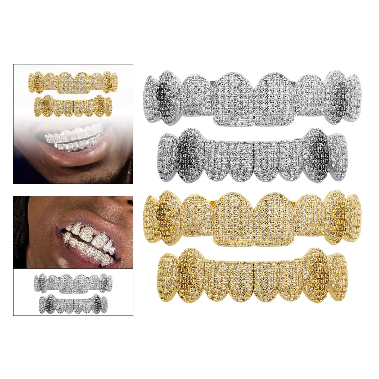 Hip Hop Grillz 8 Top 8 Bottom Tooth for Men Women Rapper Costume