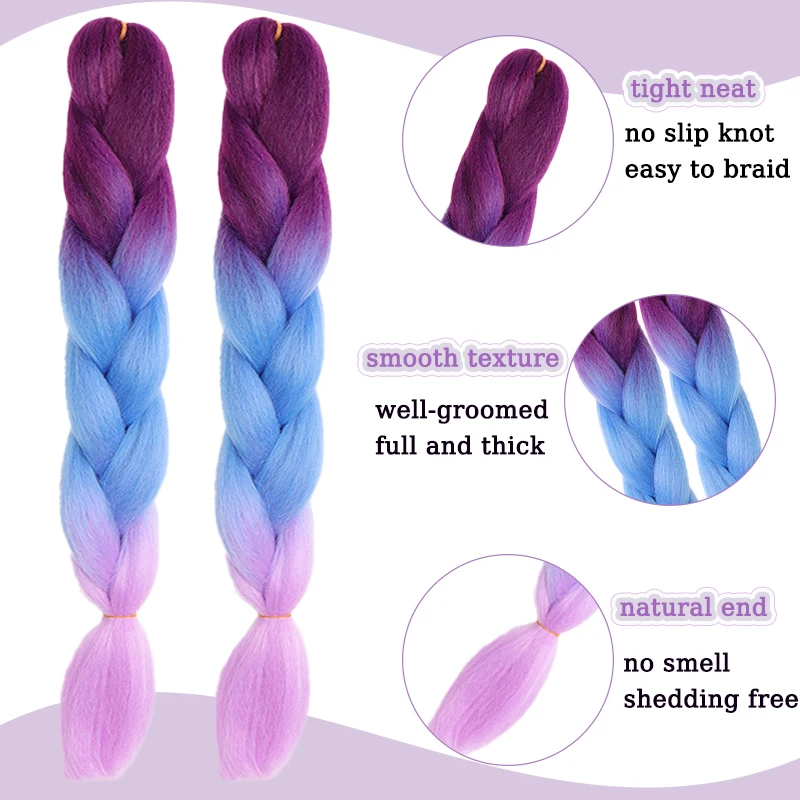 24Inch Synthetic Purple Braiding Hair Extensions Ombre Long Yaki Straight Jumbo Braids Hairpiece Crochet Hair for Women DIY