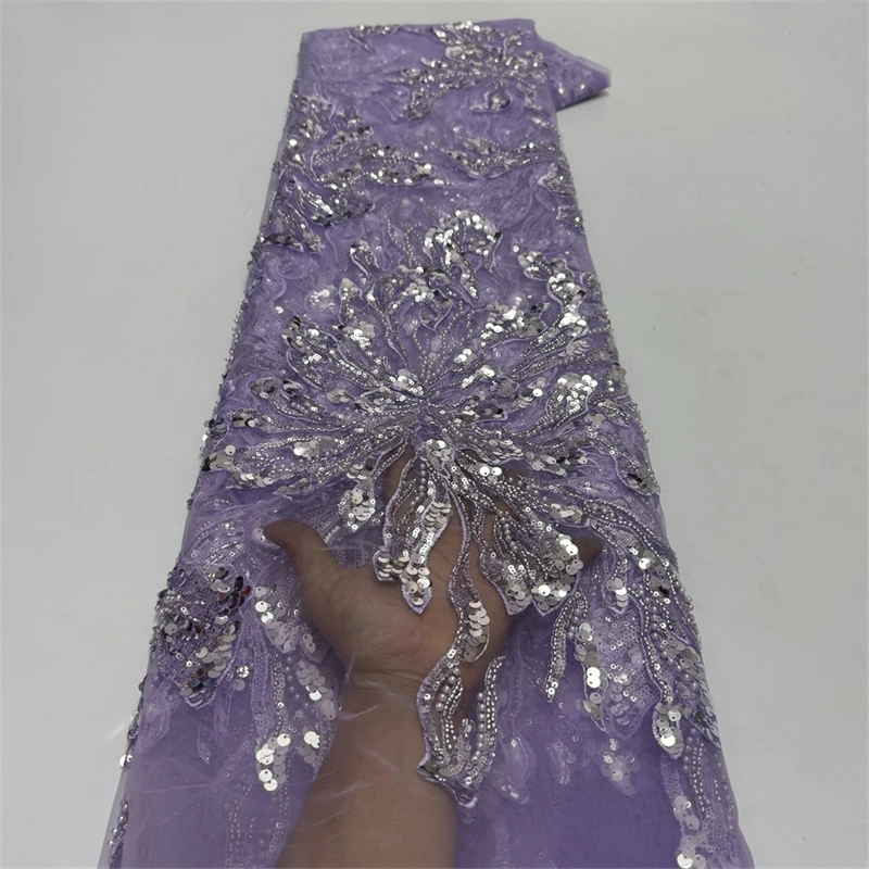 

Luxury African Beaded Fabric 5 Yards Lilac Sequin Lace Fabric Nigerian French Lace Fabrics Tulle Lace for Wedding Dresses,2024