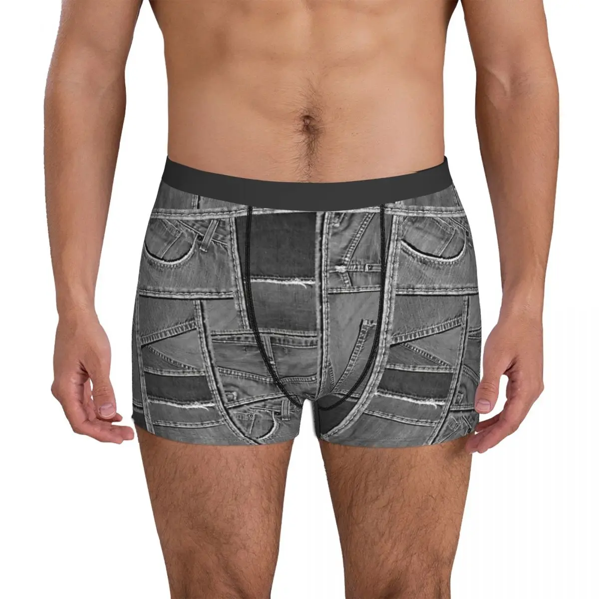 Grey Jeans Denim Patchwork Distressed Pattern Underpants Breathbale Panties Male Underwear Print Shorts Boxer Briefs men s imitation denim underwear pure cotton breathable flat corner underpants fashion sexy mid waist boxer shorts