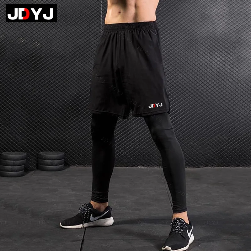 JDYJ High elasticity fake two-piece gym fitness pants, running breathable and loose fitting training, sports tight pants for men