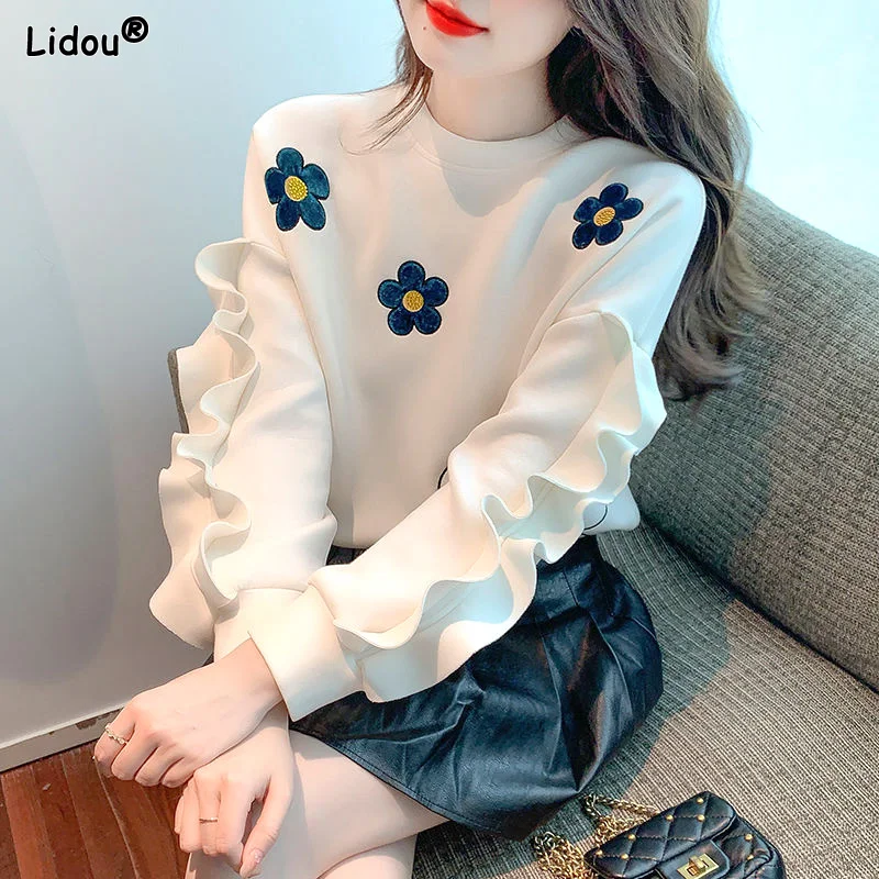 Solid Autumn Winter Thin Loose Casual Pullovers Round Neck Printing Shirts Patchwork Temperament Women's Clothing 2022 Ruffles pffice elegance v neck ruffles floral all match top women summer new short sleeve loose young temperament printing chiffon shirt