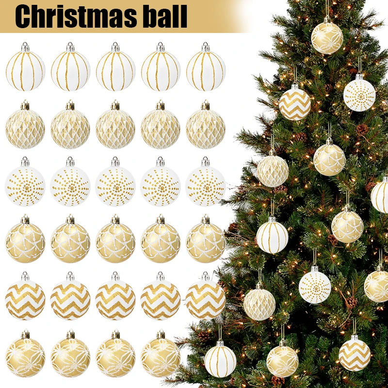 30pcs 6cm Gold White Christmas Balls Ornament Xmas Tree Hanging Pendant Navidad New Year Home Party Decoration Festival Supplies