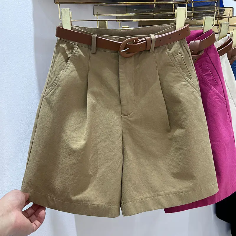Women's Denim Shorts High Waist Short With Belt Blue Red Khaki Casual Cotton Solid Loose Casual Bermuda Summer Shorts For Women