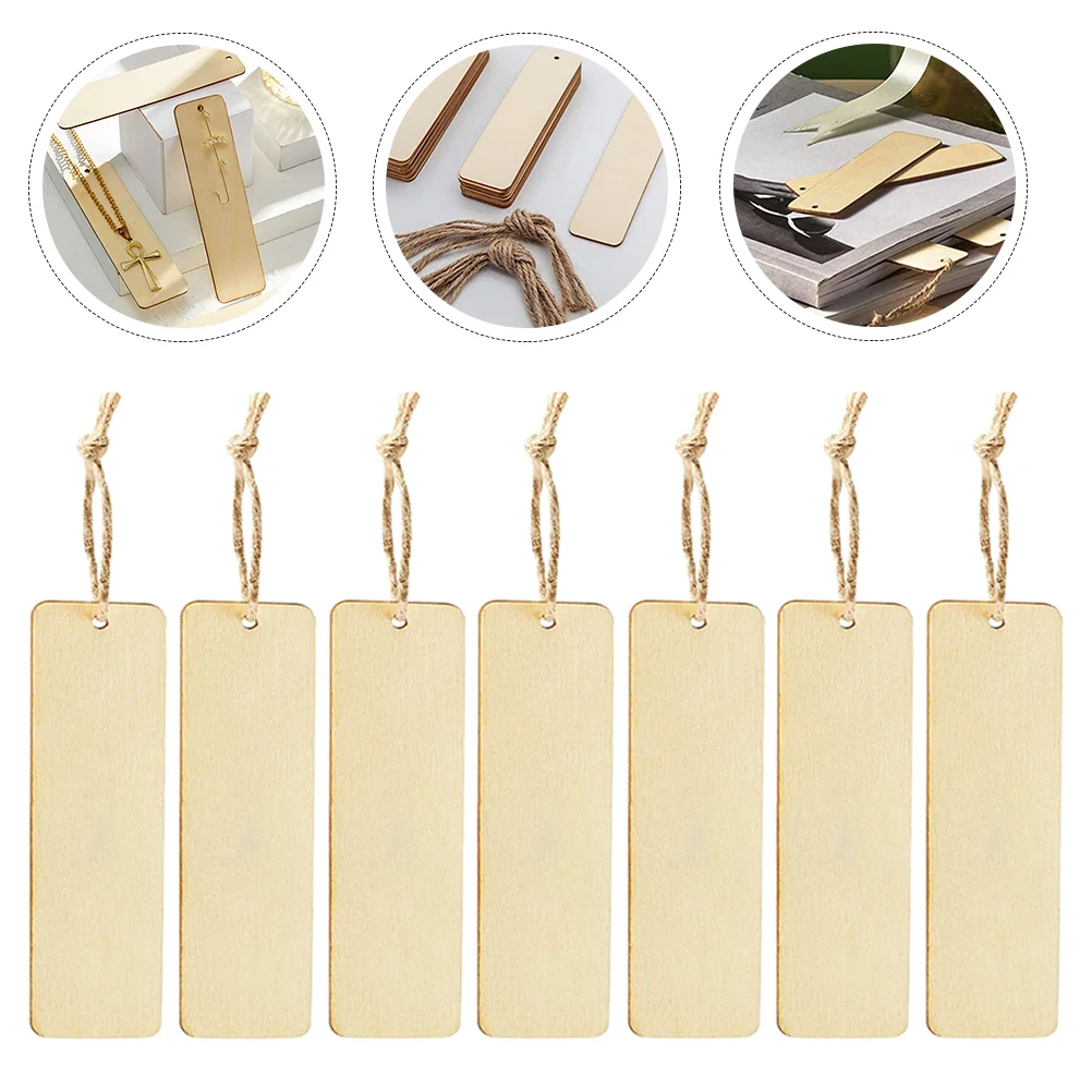 20 Pcs Wooden Blank Bookmark Unpainted Unfinished Rectangle Bookmarks for DIY Crafting with Rope to Decorate