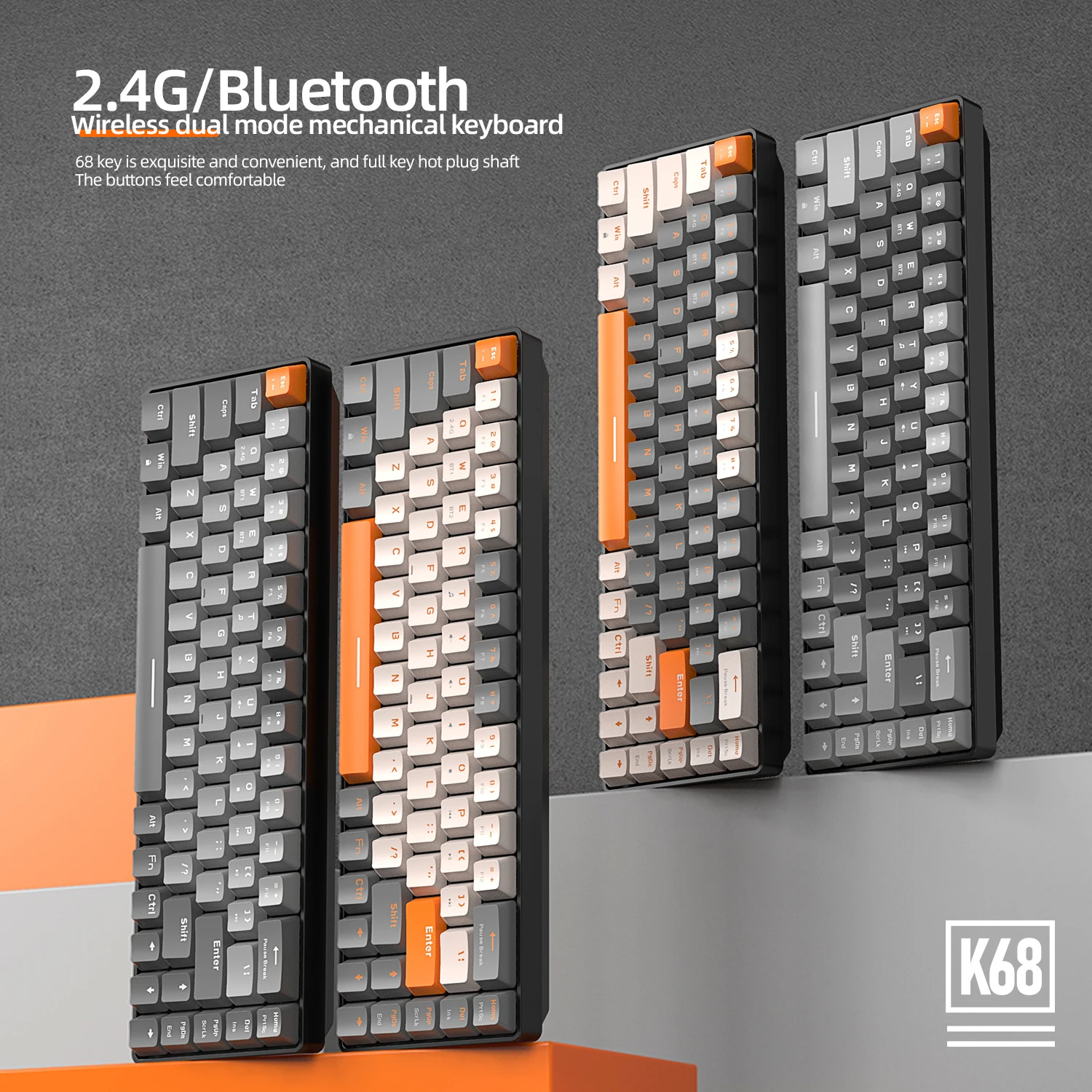FREEWOLF K68 무선 듀얼 모드 키보드, 68키 미니 키보드, 완전히 핫스왑 가능한 기계식 키캡, USB/Type-C 인터페이스