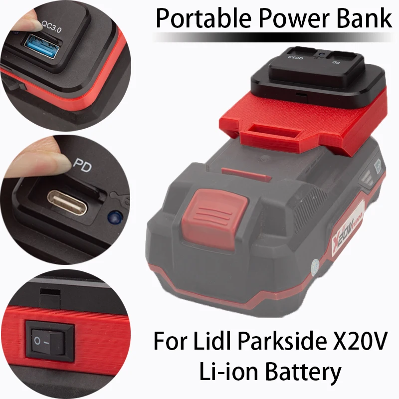 USB Power Source Adapter For Lidl Parkside x20v LiIon Batteries PD/QC3