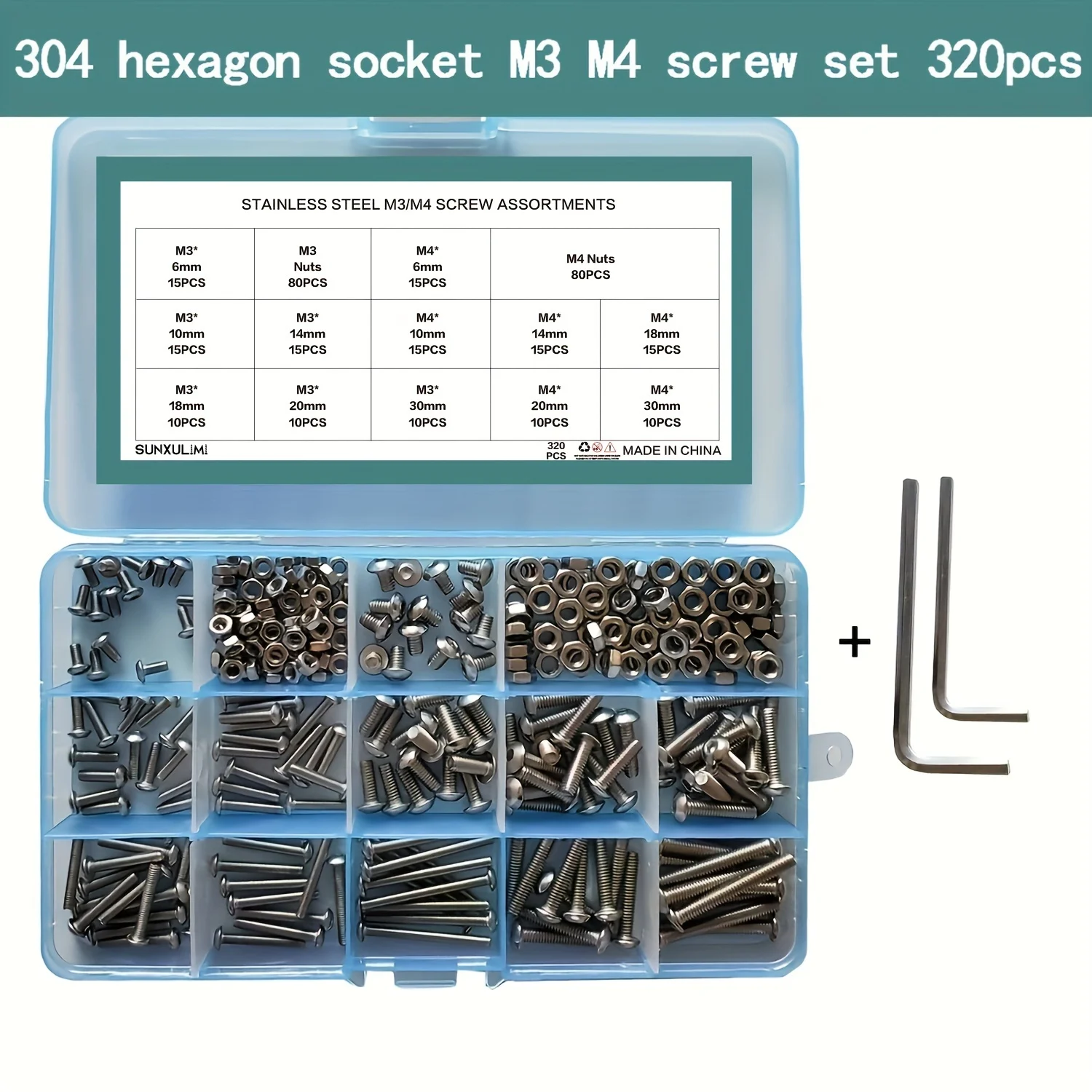 320Pcs M3 M4 Hex Socket Head Cap Bolts Nuts Screws Assortment Set 304 Stainless Steel