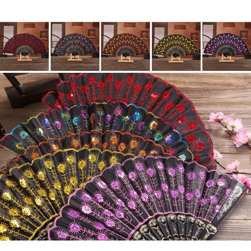Rod Sequins Folding Fan Vintage Style Dance Performance Ornament hand fan