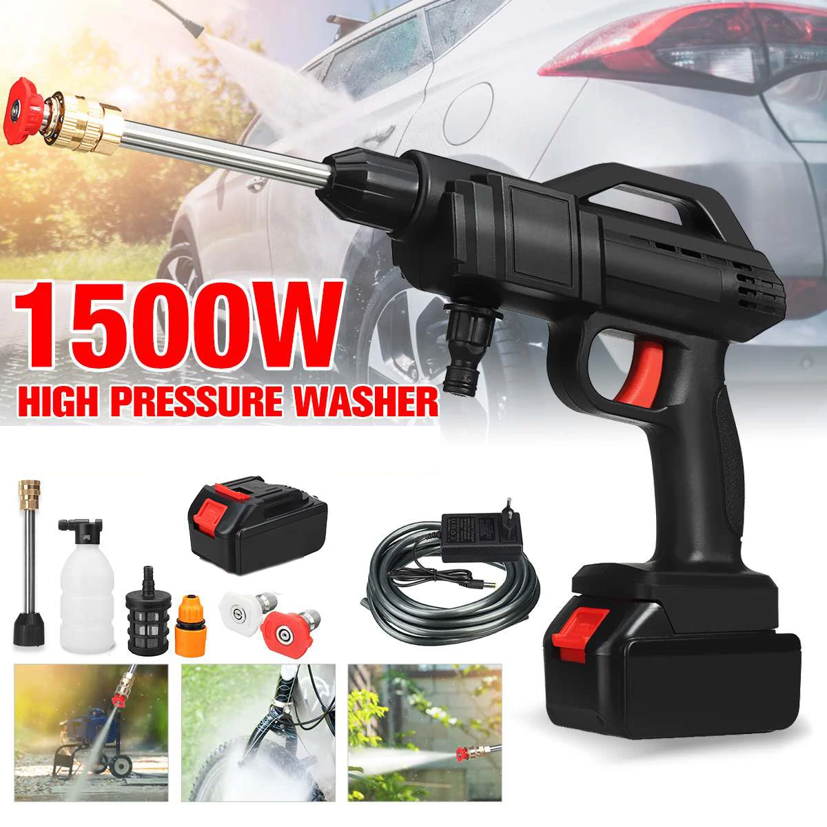 New1500WCarWasherElectricCordlessPressureSprayWaterGunCleaner
