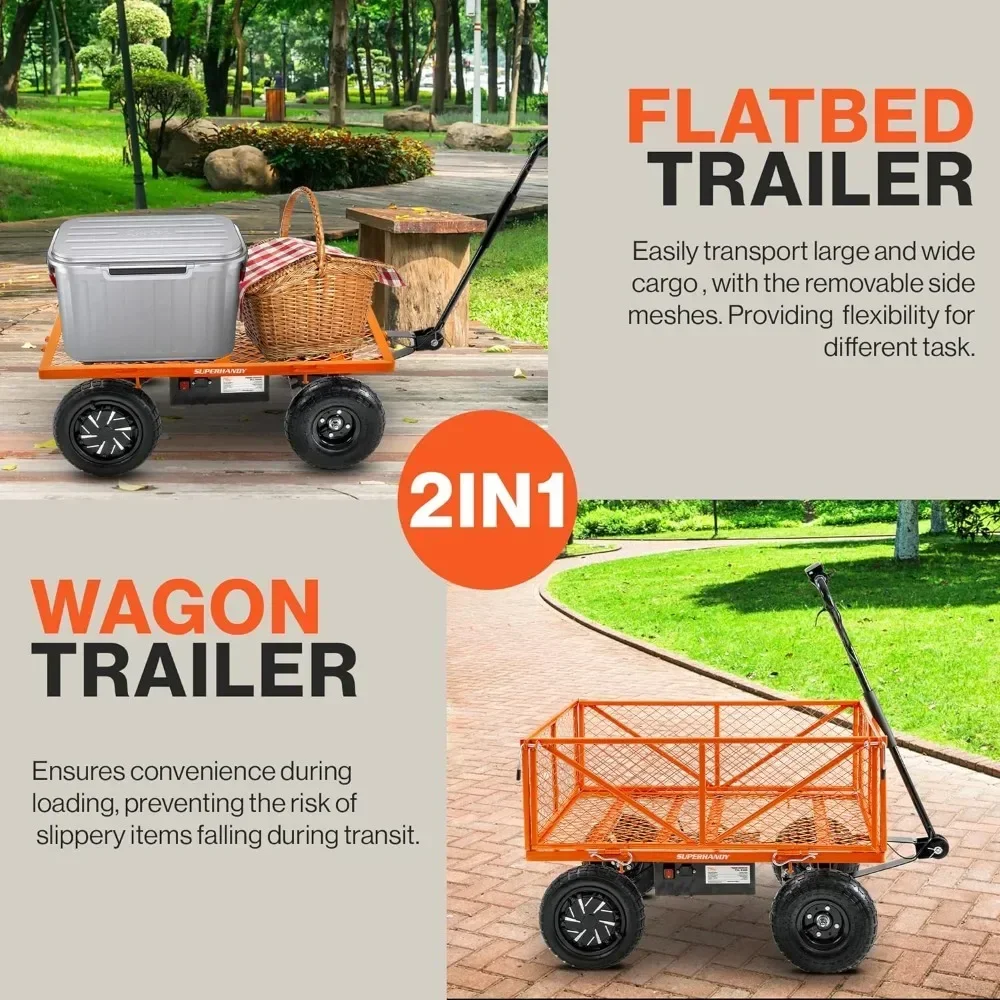 Wheels Camping Trolley Cart 5.7 Cubic Ft Utility Wagon Convertible Flatbed Design All Terrain 10in Electric Assist Garden Cart