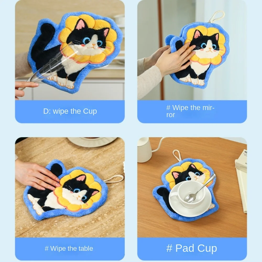 New Hanging Style Cute Cat Hand Towel Soft Coral Fleece Toilet Handkerchief Thickened Strong Water Absorption Washcloth