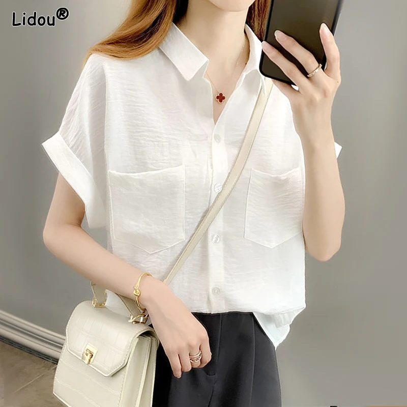 

2023 Women's Clothing New Elegant Fashion Loose Turn-down Collar Solid Short Sleeve Pockets Button Casual Thin Summer T-Shirts