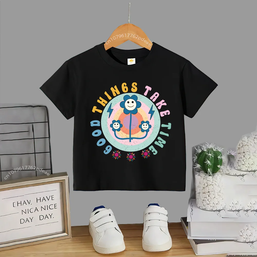 아동용 편안한 반팔 코튼 티셔츠, 크루넥 상의, 하라주쿠, 100% 코튼 아웃도어 패턴, 십대 여름 의류