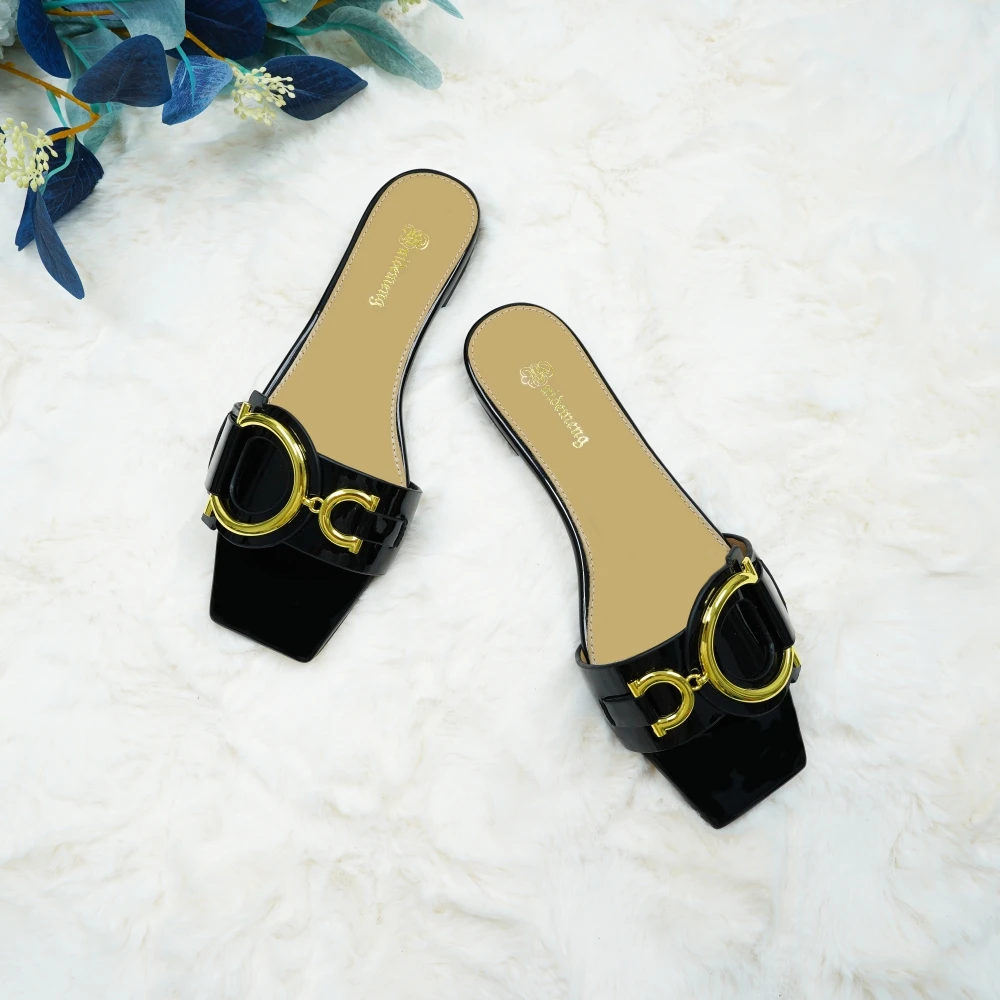 Plus size 35-44 leather slippers women's luxury party shoes square toe fishmouth shoes outdoor beach flip-flops in summer