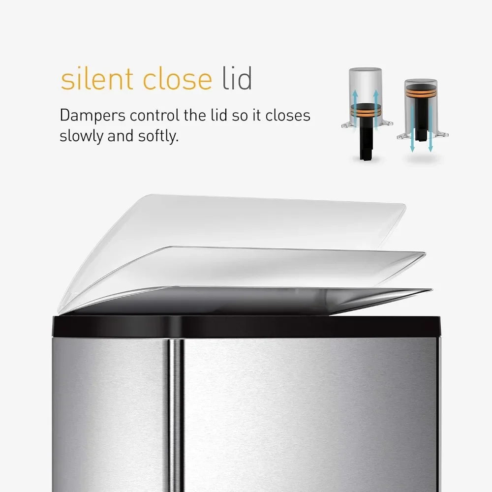 New2025-Rectangular Dual Compartment Recycling Kitchen Step Trash Can, 46 Liter, Brushed Stainless Steel