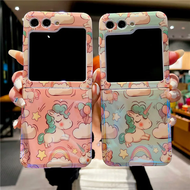 

Blu-ray Cartoon Unicorn Phone Case For Samsung Galaxy Z Flip 3 4 5 5G Protective Cover Flip5 Flip4 Shell