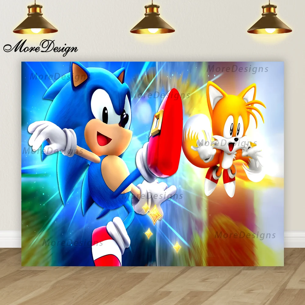 thumbnail image 1 of Fondo de fotografía con iluminación de Sonic Hedgehog, pancarta de cumpleaños para niños, decoración para fiesta de baby shower, fondo de vinilo de poliéster con dibujos animados, 1 of 5