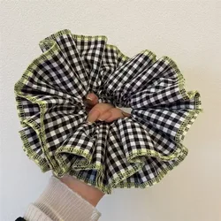 Summer Cute Plaid Cotton Hair Scrunchies - Extra Large Four - Layer Headwear (Black2)