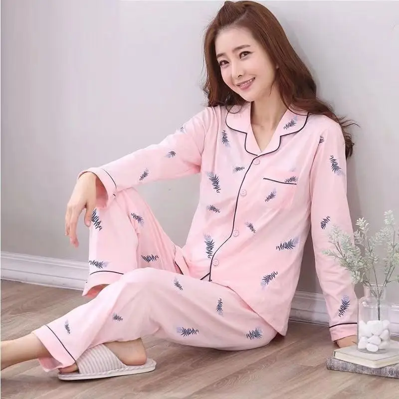 Sleepwear Women Spring Autumn Cotton Pajama Sets Long Sleeve Cardigan Pants Pyjamas Korean Lapel Print High-end Loungewear Suit