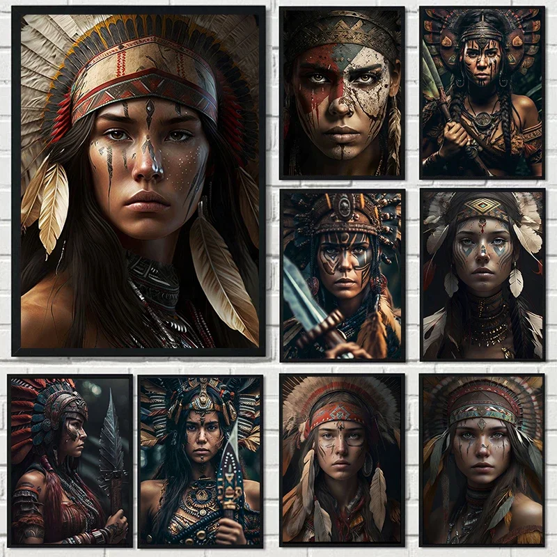 

Индейская девушка, искусственная кожа, женщина красоты с перьями, головной убор, холст, картина для гостиной, домашний декор