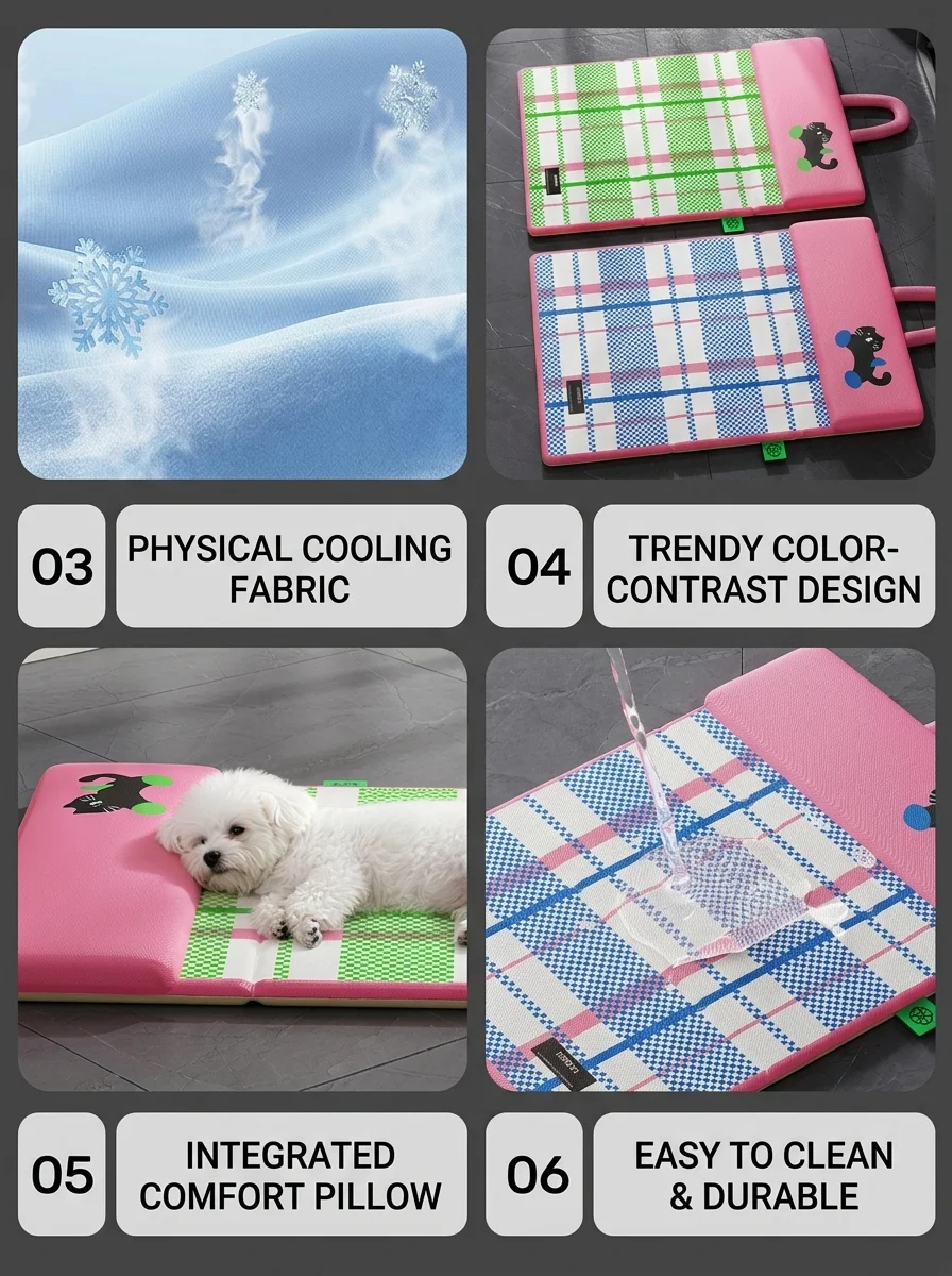 Portable Pet Cooling Mat With Pillow Foldable Waterproof Dog Bed_voghion.com